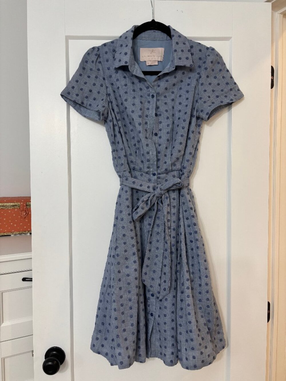 Gal Meets Glam Collection Dot Jacquard Collared Belted Shirtdress Sz 4